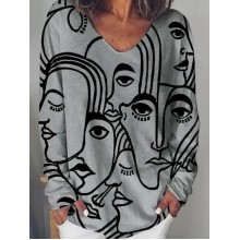 Women Art Abstract Character Print Loose Long Sleeve Casual T  Shirt