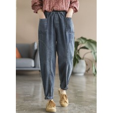 Style Blue elastic waist Pockets Cotton Denim harem Pants Spring