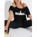 Letter Print Round Neck Short Sleeves Pocket Brief Women Tee For Women