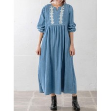 Ethnic Embroidery Long Sleeve Loose Casual Dress