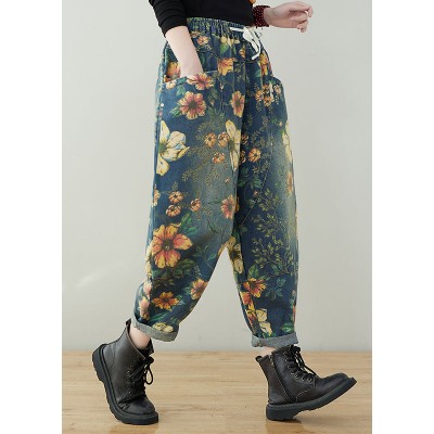 elastic waist drawstring pockets Print Denim Pants Spring