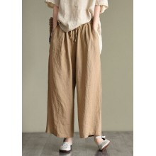 Loose Dark Khaki elastic waist drawstring Linen wide leg pants Spring