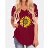 Sunflowers Print V  neck Short Sleeves Casual Loose Irregular Hem T  shirts