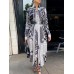 Chain Print Irregular Button Long Sleeve Lapel Maxi Shirt Dress