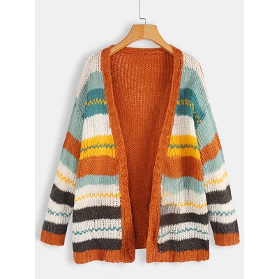 Women Casual Striped Color  Block Sweater Cardigans