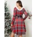 Plus Size V  neck Fur Stitching Plaid Patchwork Dress