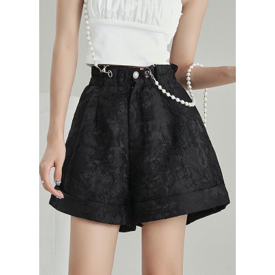 Plus Size Vintage Black Zip Up Jacquard Cotton shorts