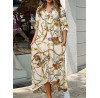 Chain Print High  low Pocket Long Sleeve Button Shirt Dress